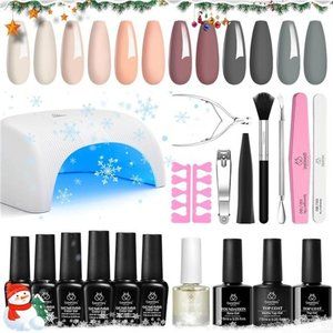 Nail Polish Kit with U V Light Base Gel Top Coat, 6 Colors 21 Pcs Nude Gray Pink